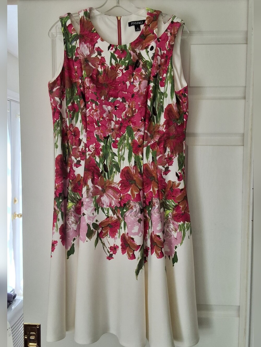 Roz & Ali, 16, White Dress with Pink, Fuschia, Lavendar Floral and Green Foliage - Picture 6 of 7